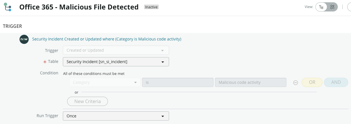 Trigger condition for Office 365 - Malicious File Detected playbook.