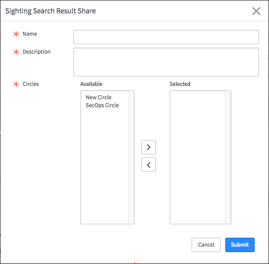 Sightings Search Result Share dialog box