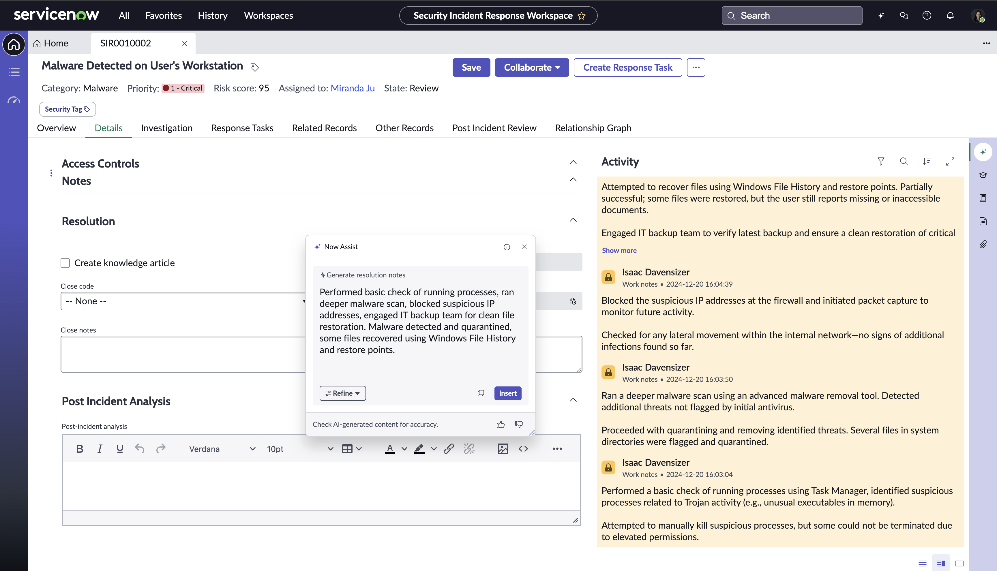 Resolution Notes on the Security Incident Response workspace