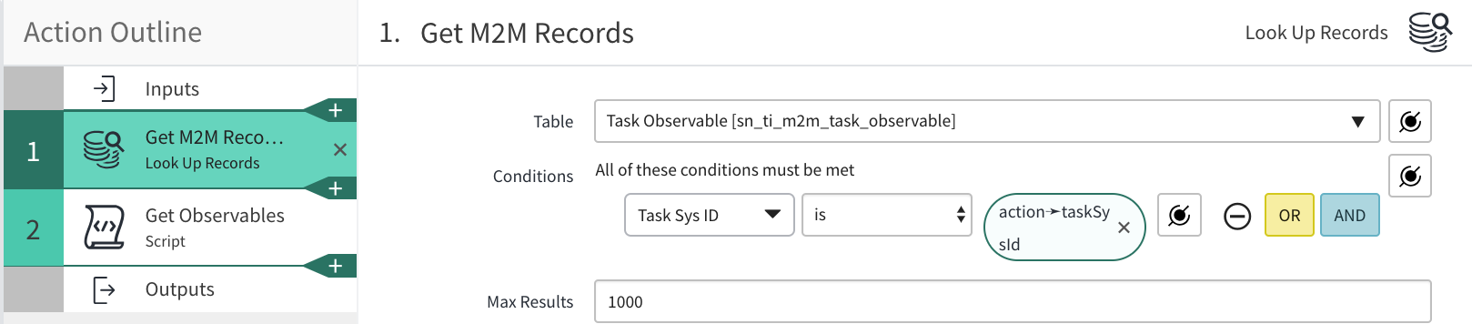 Automated phishing playbook flow: action designer get records
