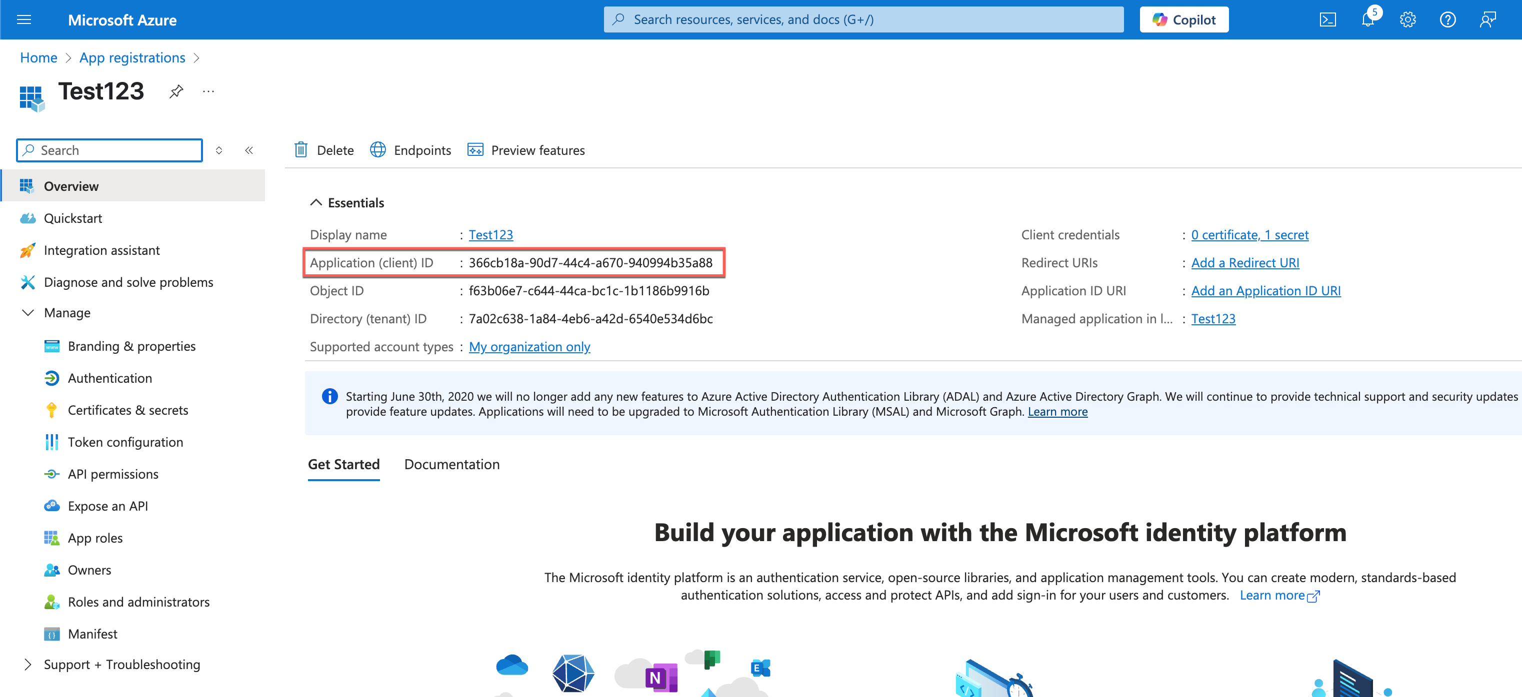 Application client ID highlighted in the ServiceNow Exchange Online Integration pane in the Microsoft Azure portal.