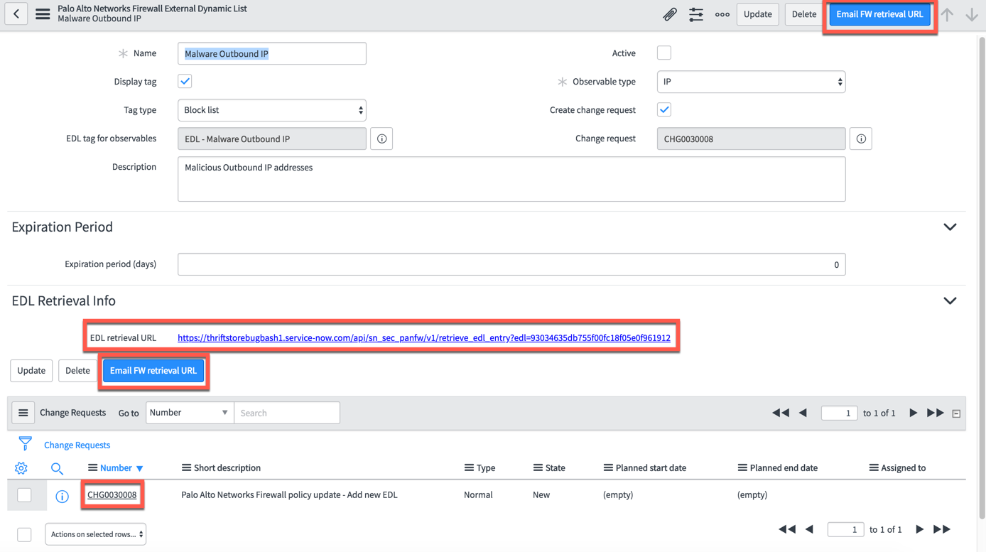 EDL retrieval URL, Email retrieval URL button, and link to the change request.
