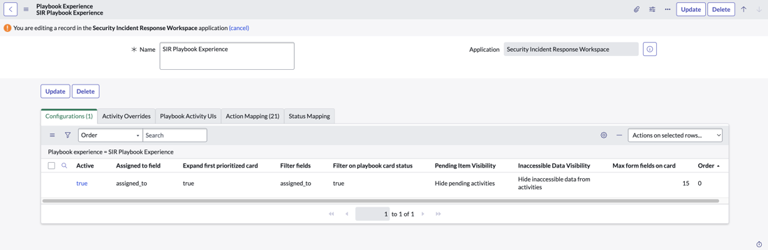 Editing the SIR Playbook Experience record