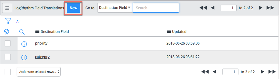New button highlighted on LogRhythm Field Translation list.