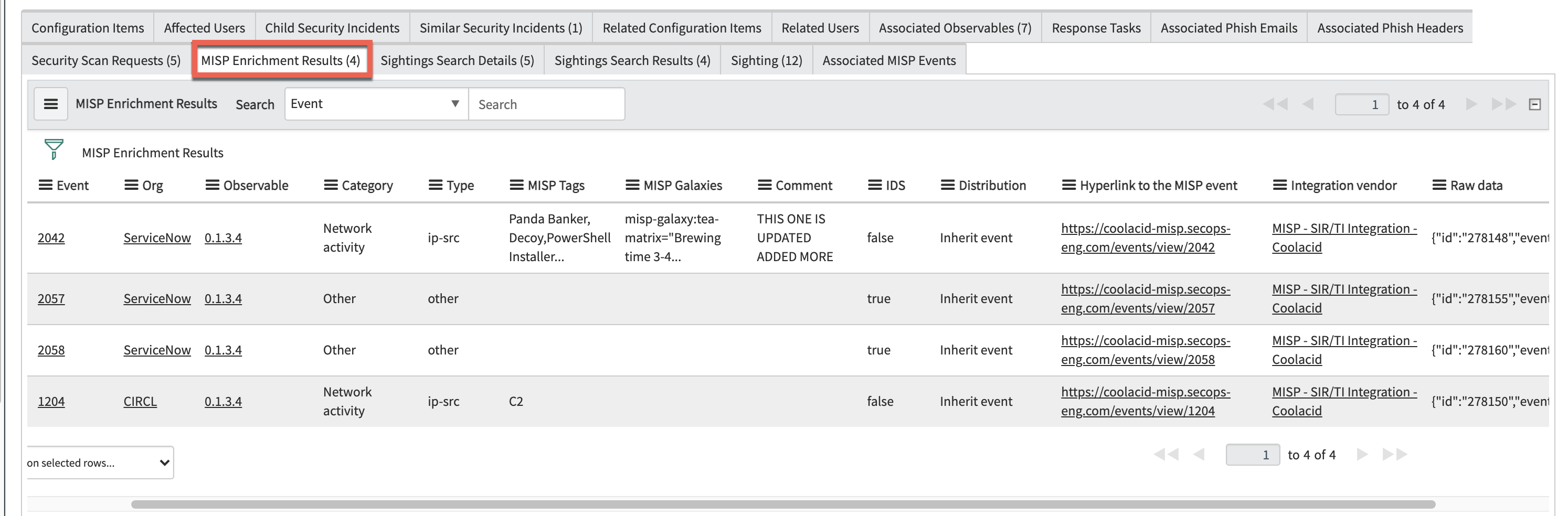 View the enrichment results in the MISP Enrichment Results tab.