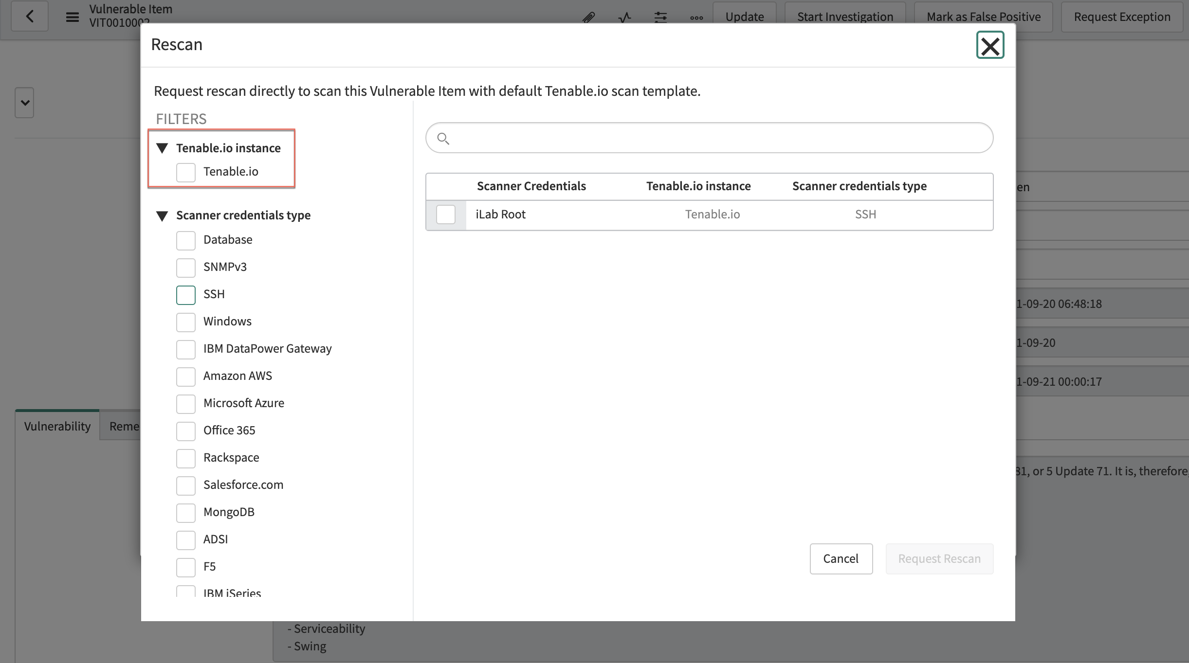 Tenable.io scan credentials and integration instances displayed