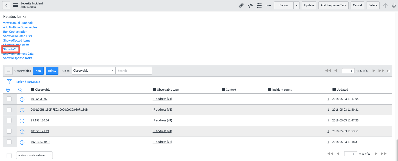 Show IoC related link on the Security Incident record.