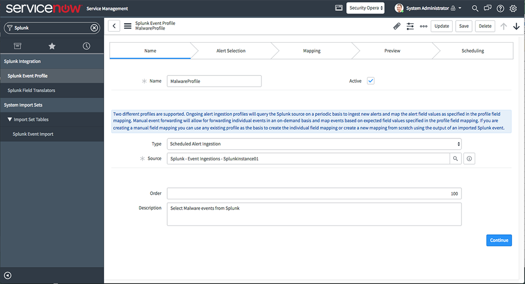 Completed profile name form for a scheduled alert.