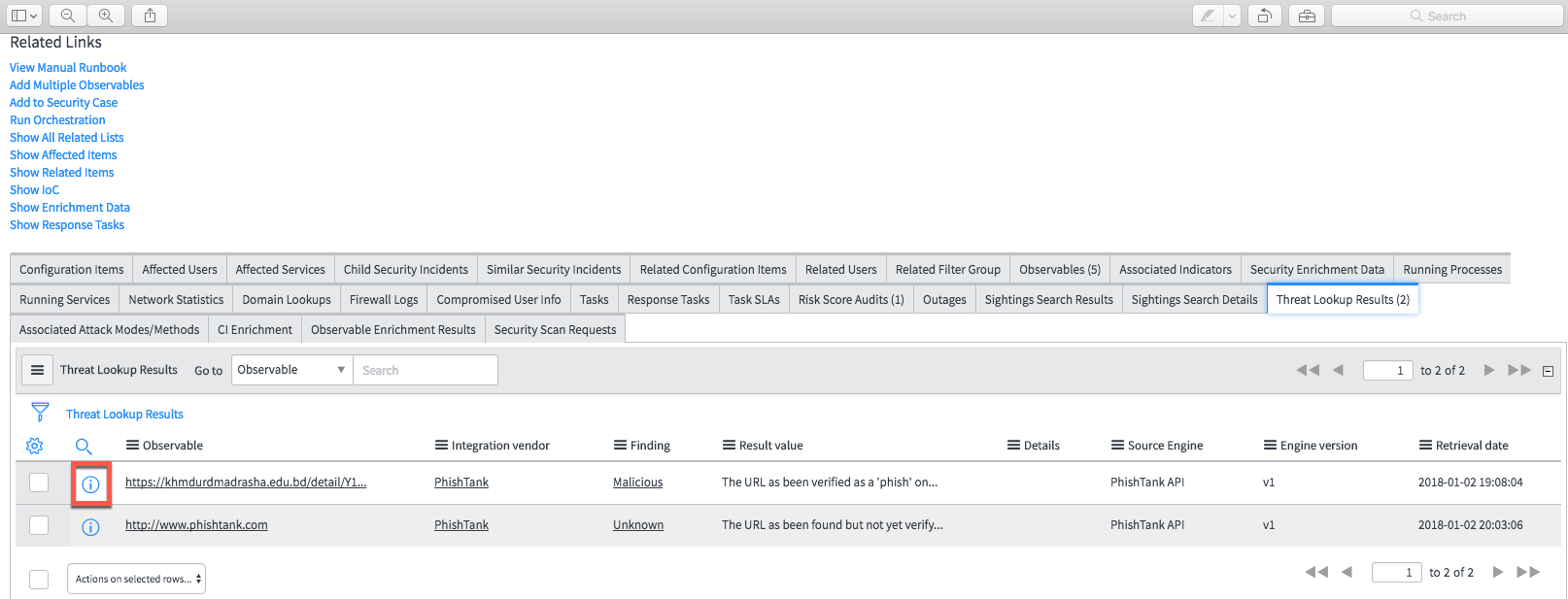 Information icon on security record.
