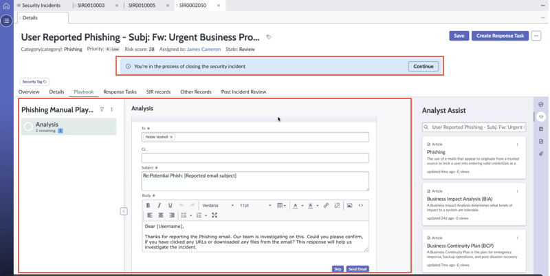 Using the Phishing Manual Playbook to analyse a user reported phishing incident.