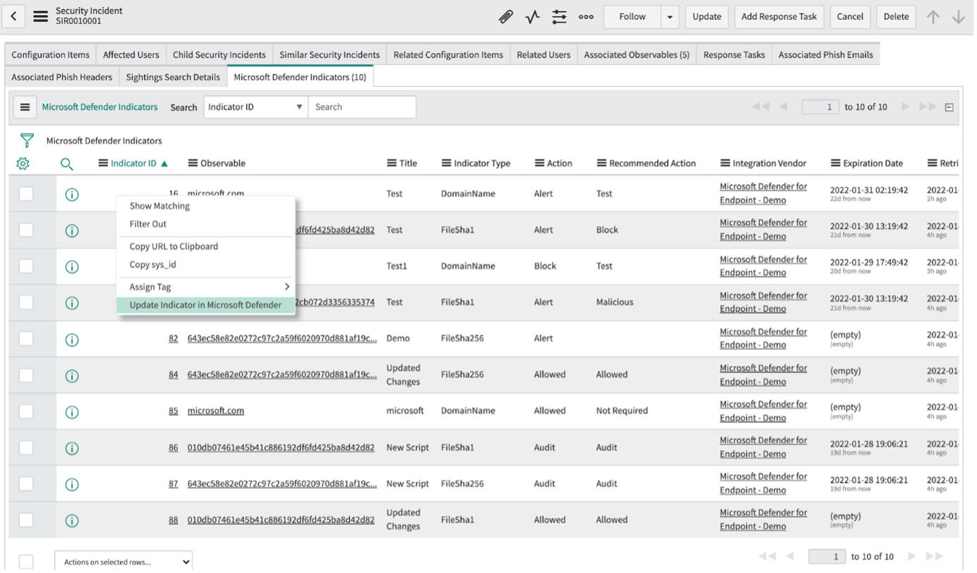 Update Indicators in Microsoft Defender for Endpoint from Microsoft Defender Indicator's list context-menu