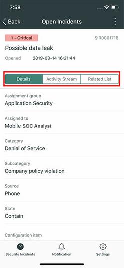 Tabs on open security incident record highlighted.