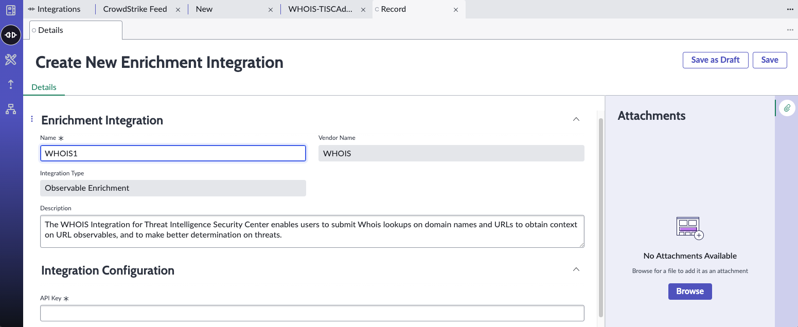 Create new enrichment integration form