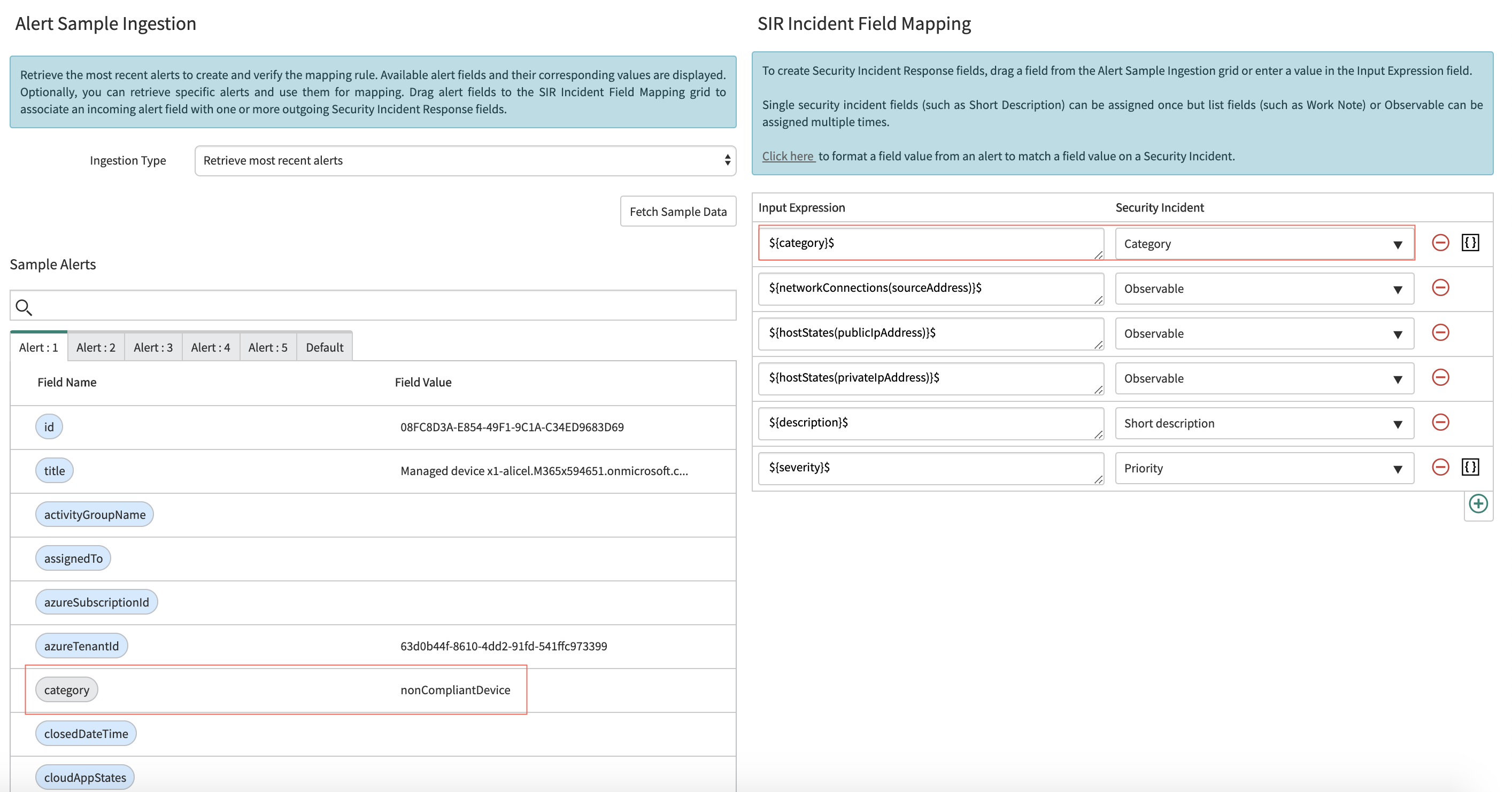 Microsoft Azure Security API: mapping fields