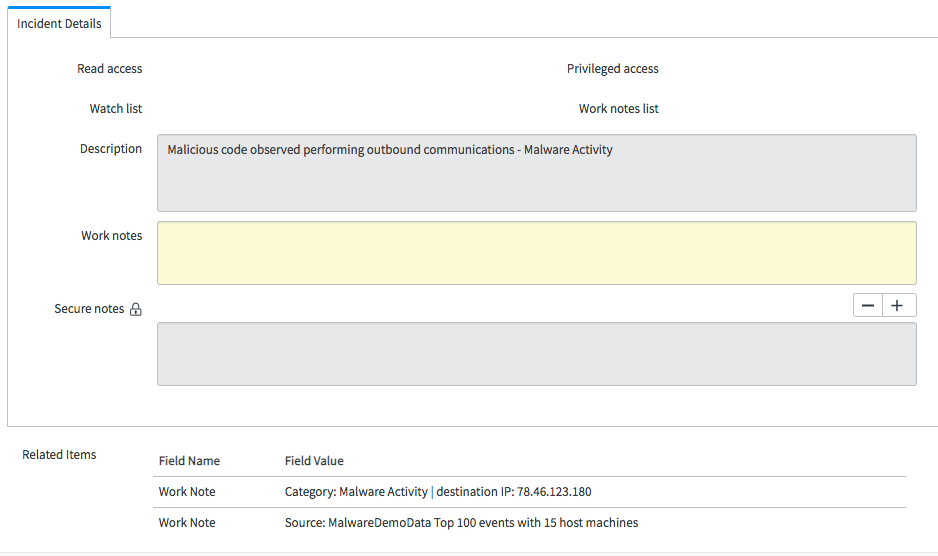 Work note and Description fields on the security incident preview.