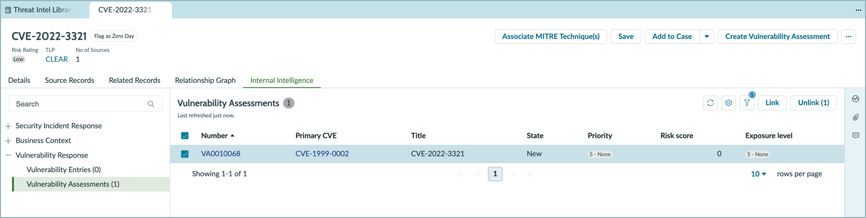 Vulnerability Assessments list showing assessment details in the Internal Intelligence tab.