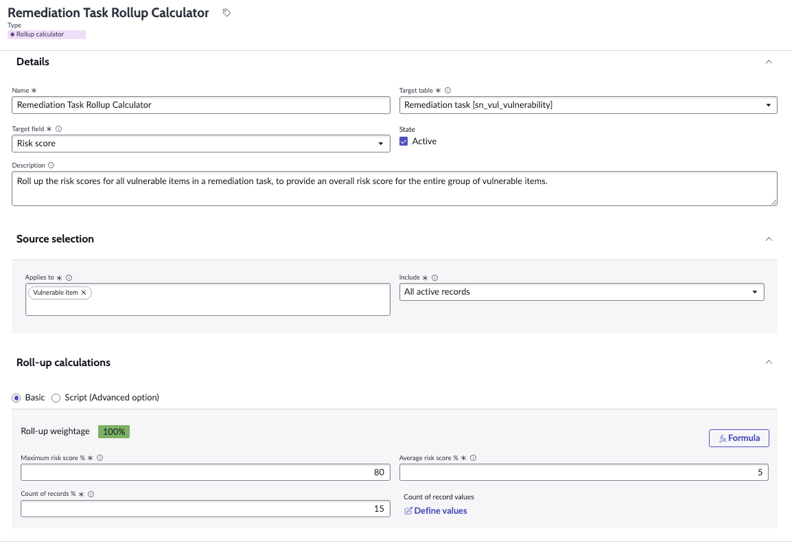 Vulnerability rollup calculator example with a maximum risk score of 80, an average risk score of 5, and a count of vulnerable items of 15.