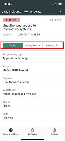 My incidents open record with tabs highlighted.