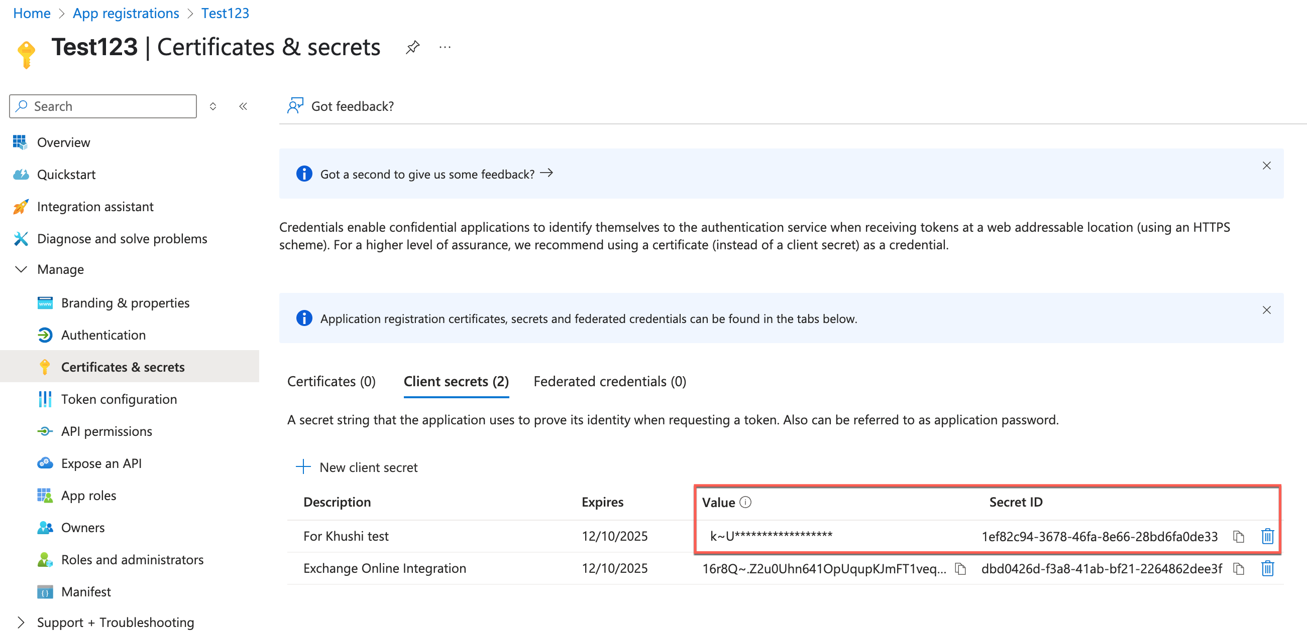 Secret value highlighted in Microsoft Azure portal.