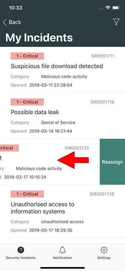 My Incidents list swipe menu.