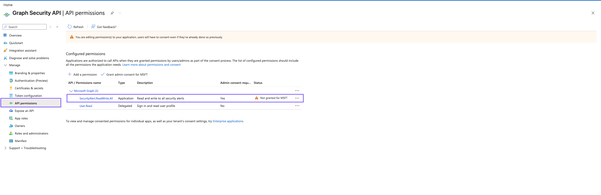 Microsoft Graph Security API configuration: grant admin consent
