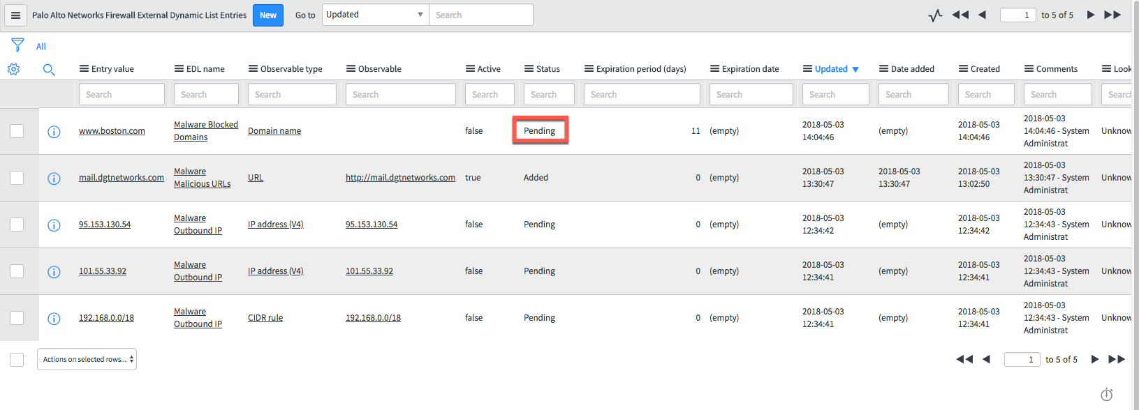Firewall EDL Entries list with pending entry.