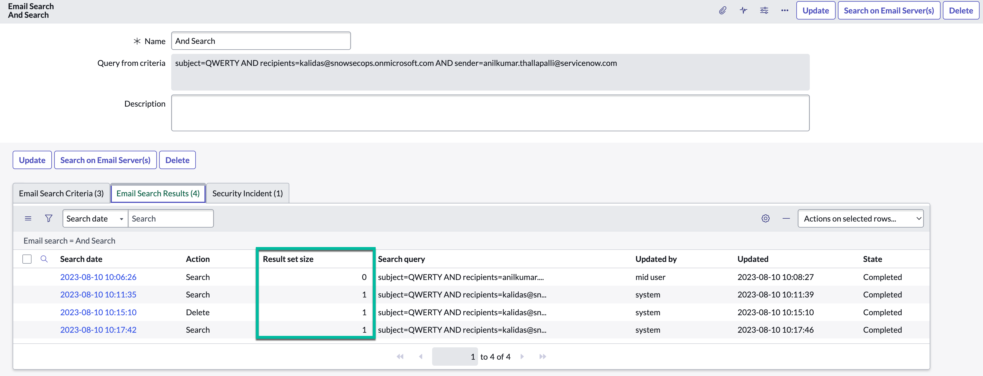 Email search record with Result set size highlighted.
