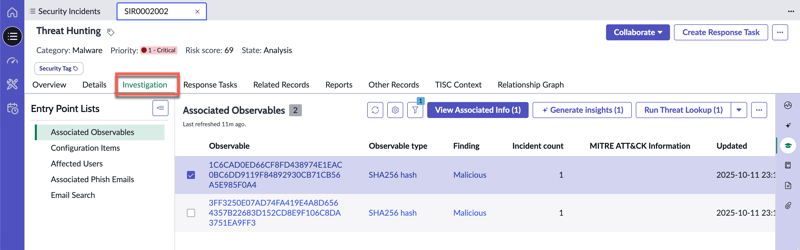 Investigation tab related records list