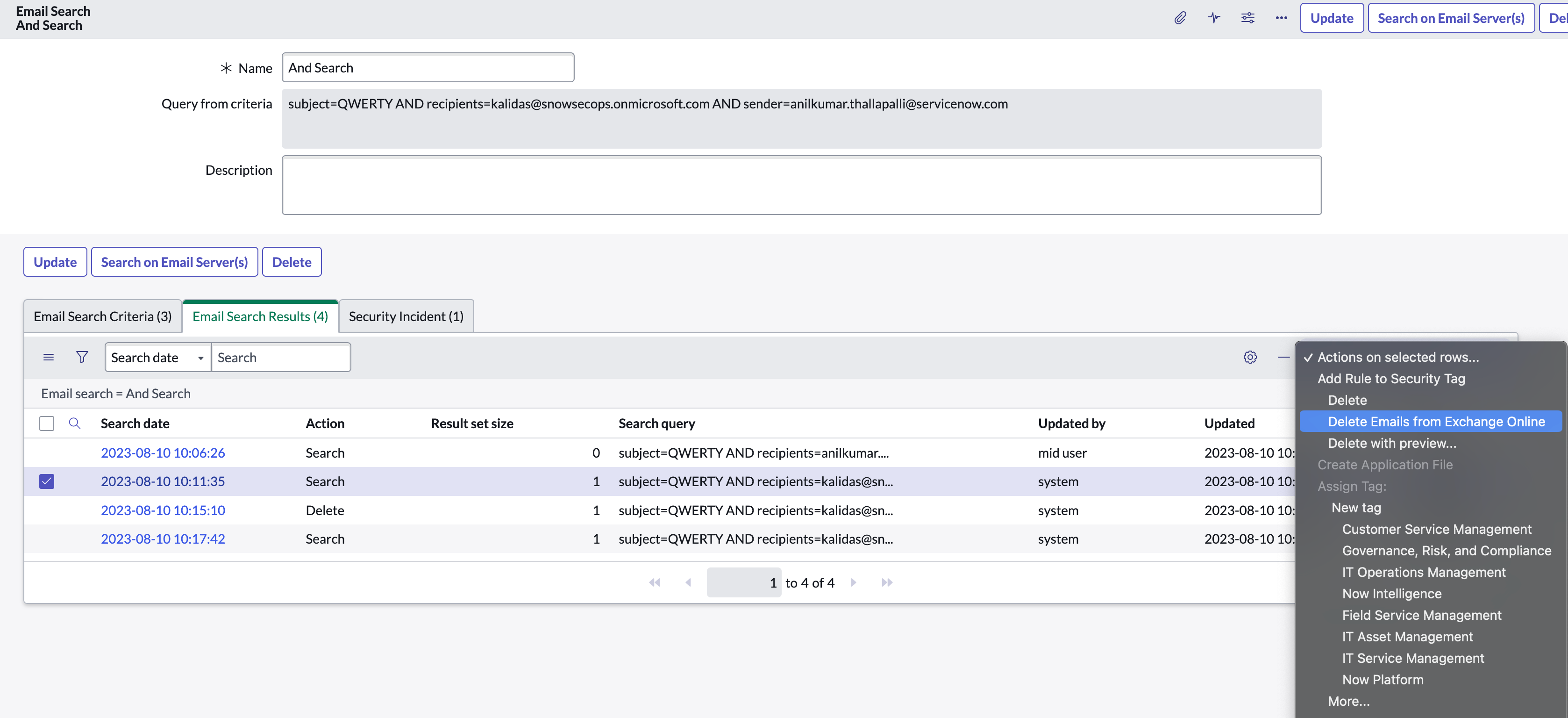 Actions on selected rows choise list expanded and Delete Emails from Exchange Online highlighted.