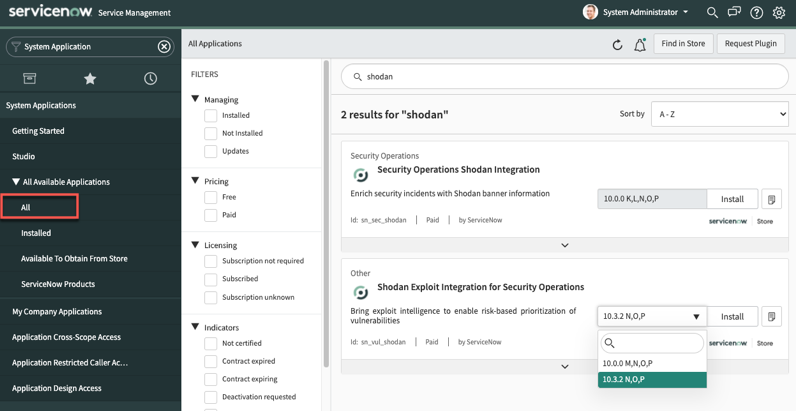 Shodan install page with the version number selected.