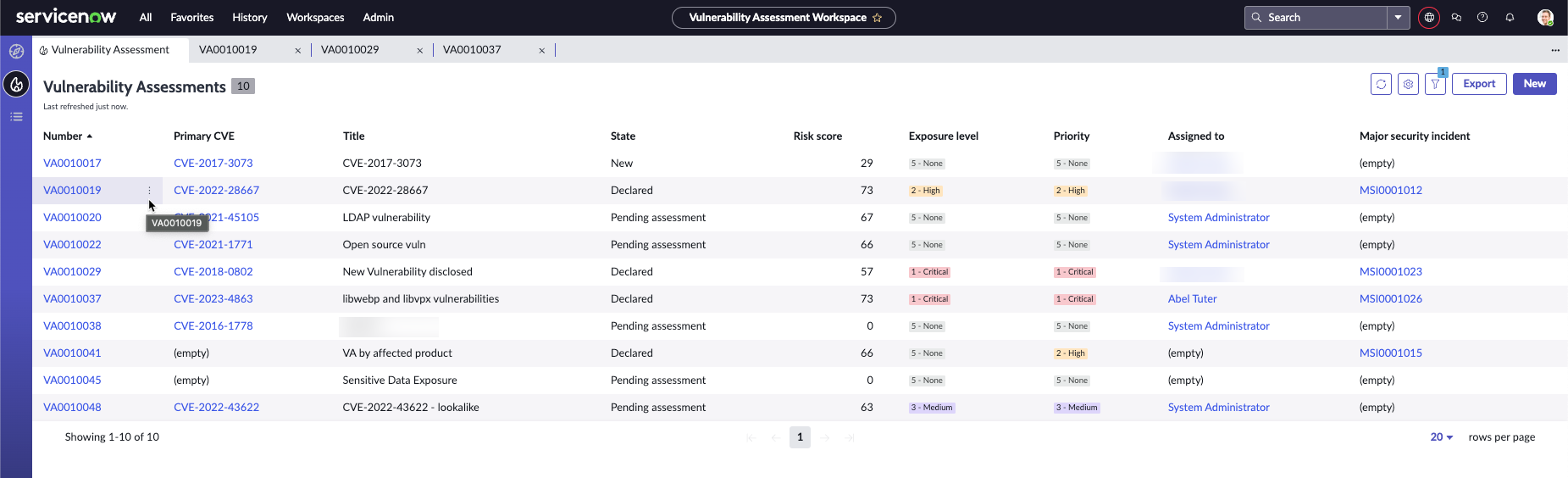 Vulnerability Assessment workspace