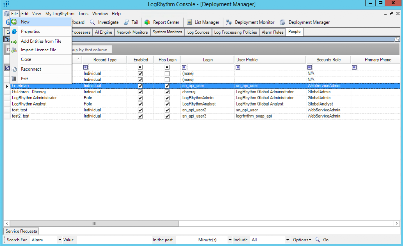 File menu expanded in the LogRhythm Console.