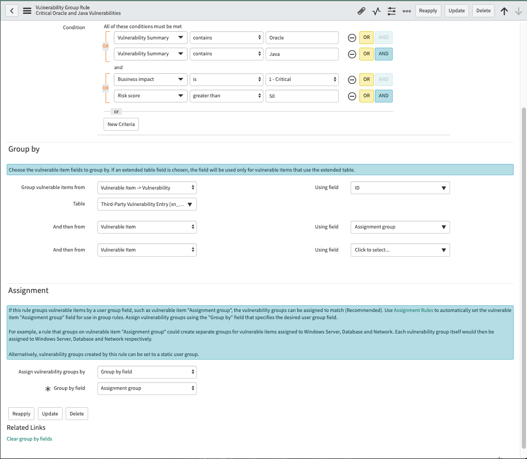 Vulnerable items grouped by business impact and risk score, assigned to support teams