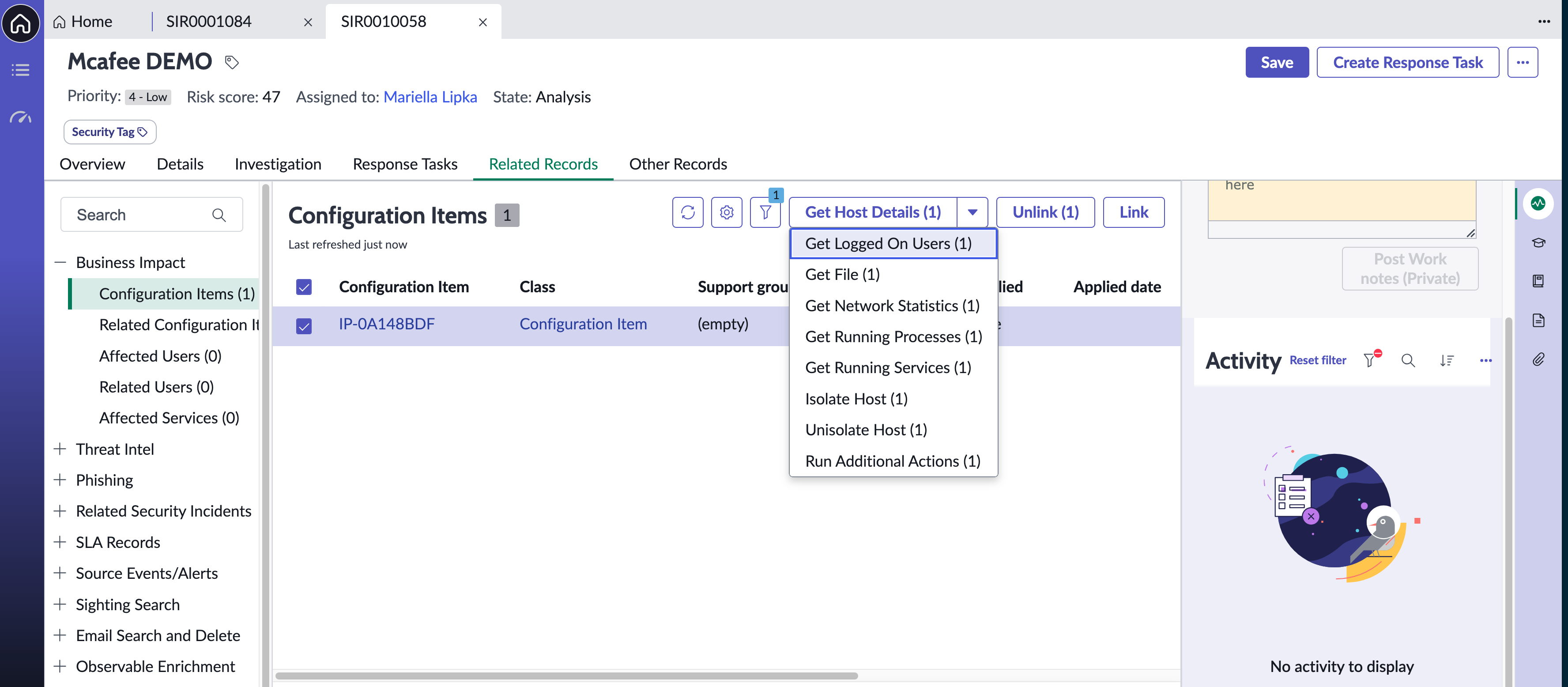 McAfee ePO capability to trigger from the related list