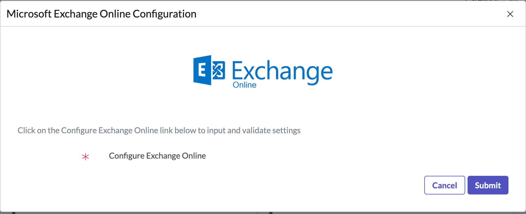 Configure Exchange Online link highlighted on Microsoft Exchange Online Configuration dialog.