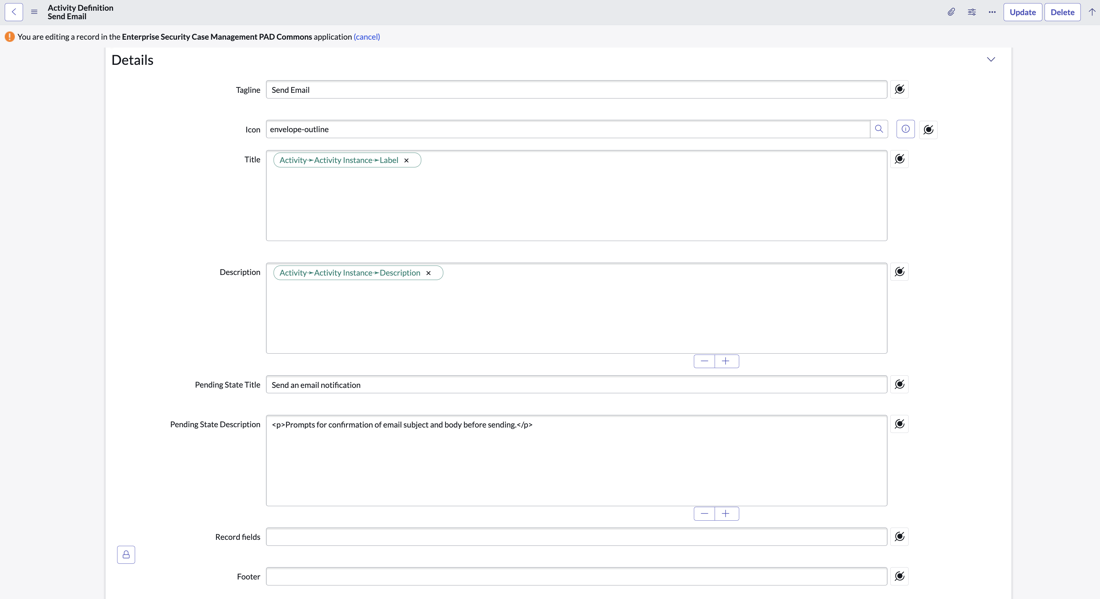 Activity Definition - Send Email page