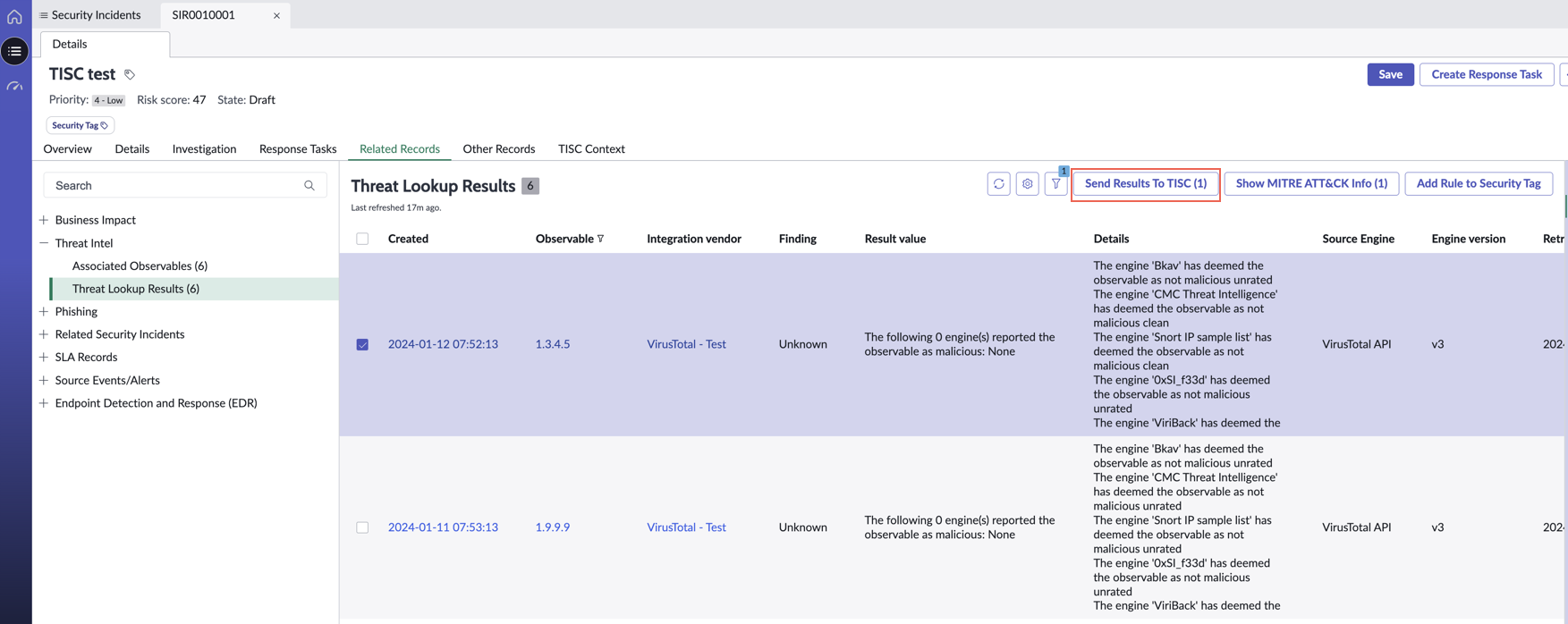 Send Results to TISC