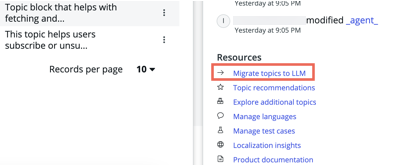 Migrate Topics to LLM is an option in theAssistant Designer Asset library resources sidebar.