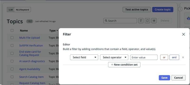 Use the filter icon to find topics based on channel support on the Virtual Agent Designer topics home page.