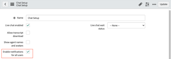 Chat Setup form with the Enable notifications for all users option highlighted.
