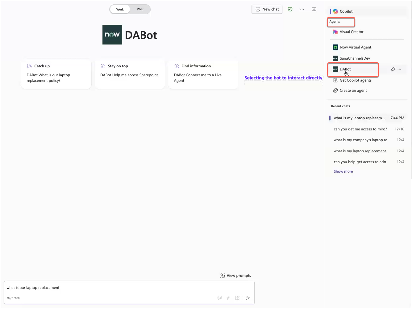 Select your bot to interact with it directly within Copilot.