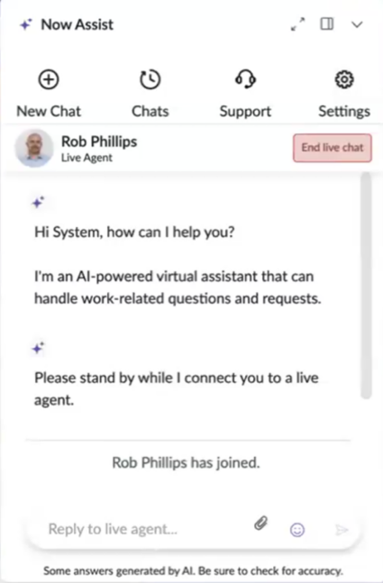 End live chat button appears in a banner at the top of the chat.