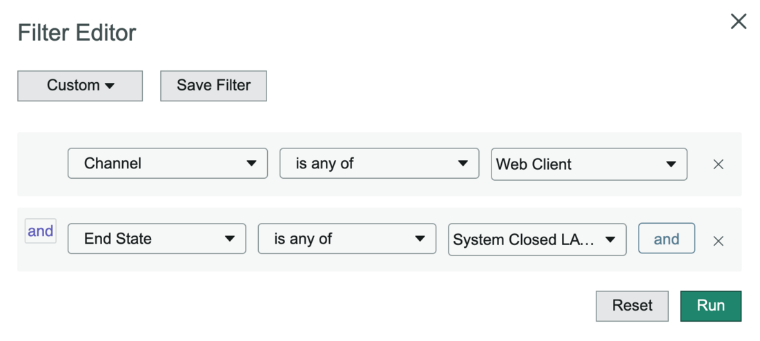 Virtual Agent conversations filter editor, with Channel and End State conditions added.