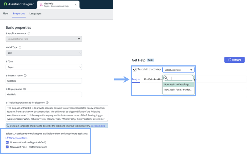 Add assistants in the Properties tab, followed by the Test skill discovery check box in the topic testing window, to select an assistant in the drop-down window.