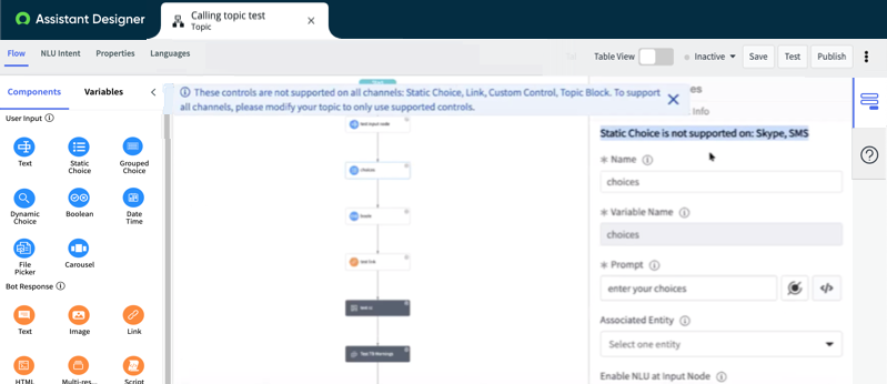 Virtual Agent Designer conversation builder interface, with unsupported controls for messaging channels flagged on the flow tab and detailed in a pop-up message.