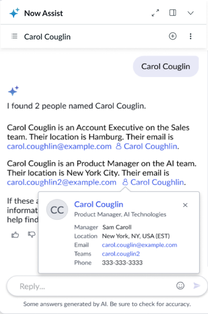 People popover card appears when selecting Carol Couglin and presents information about Carol.