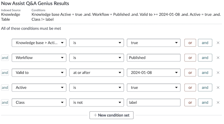 Conditions pour Now Assist Q&amp;R Genius Results.