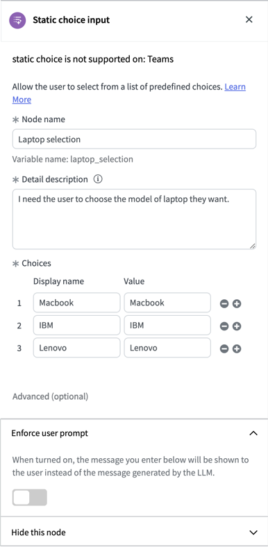 Les propriétés d’entrée de choix statiques comprennent le nom du nœud, la description détaillée et les choix. Les options avancées incluent l’application de l’invite utilisateur et des instructions supplémentaires au LLM, chacune définie par une entrée de texte, des conditions ou des scripts.