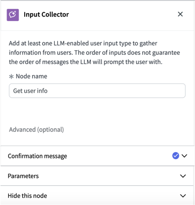 Les propriétés de base comprennent le nom du nœud, l’objectif et les instructions pour le LLM. Les options avancées incluent des messages de confirmation à l’utilisateur activés par défaut et des scripts pour définir d’autres paramètres.