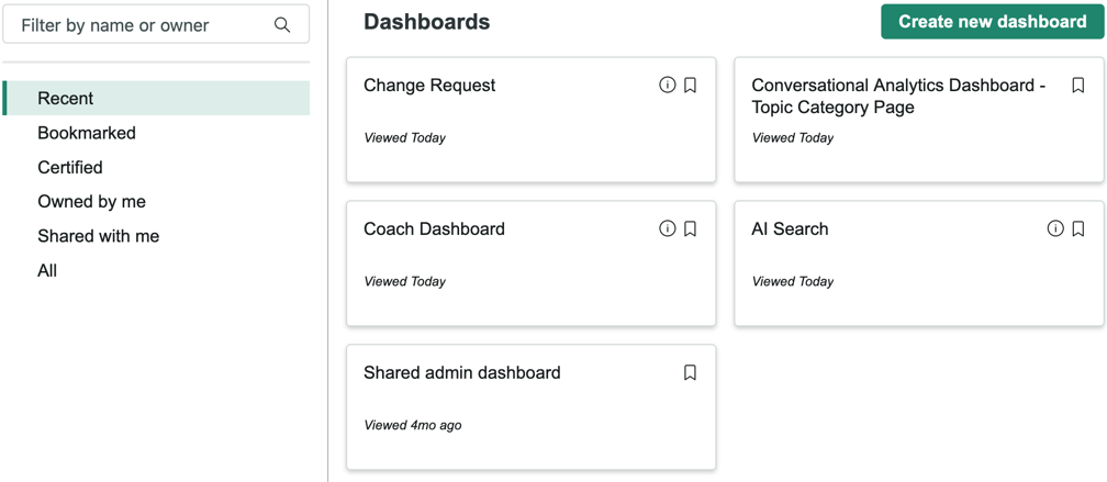 Dashboard library with Recent filter selected